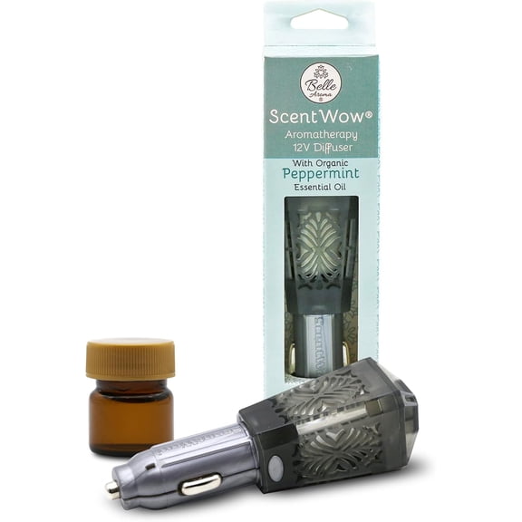 ScentWow Aromatherapy - Peppermint Oil Car Diffuser for Essential Oils Portable 12V Plug-In Mini Diffuser Compact Travel Humidifier for Cars, Trucks & Small Spaces Gray & Silver