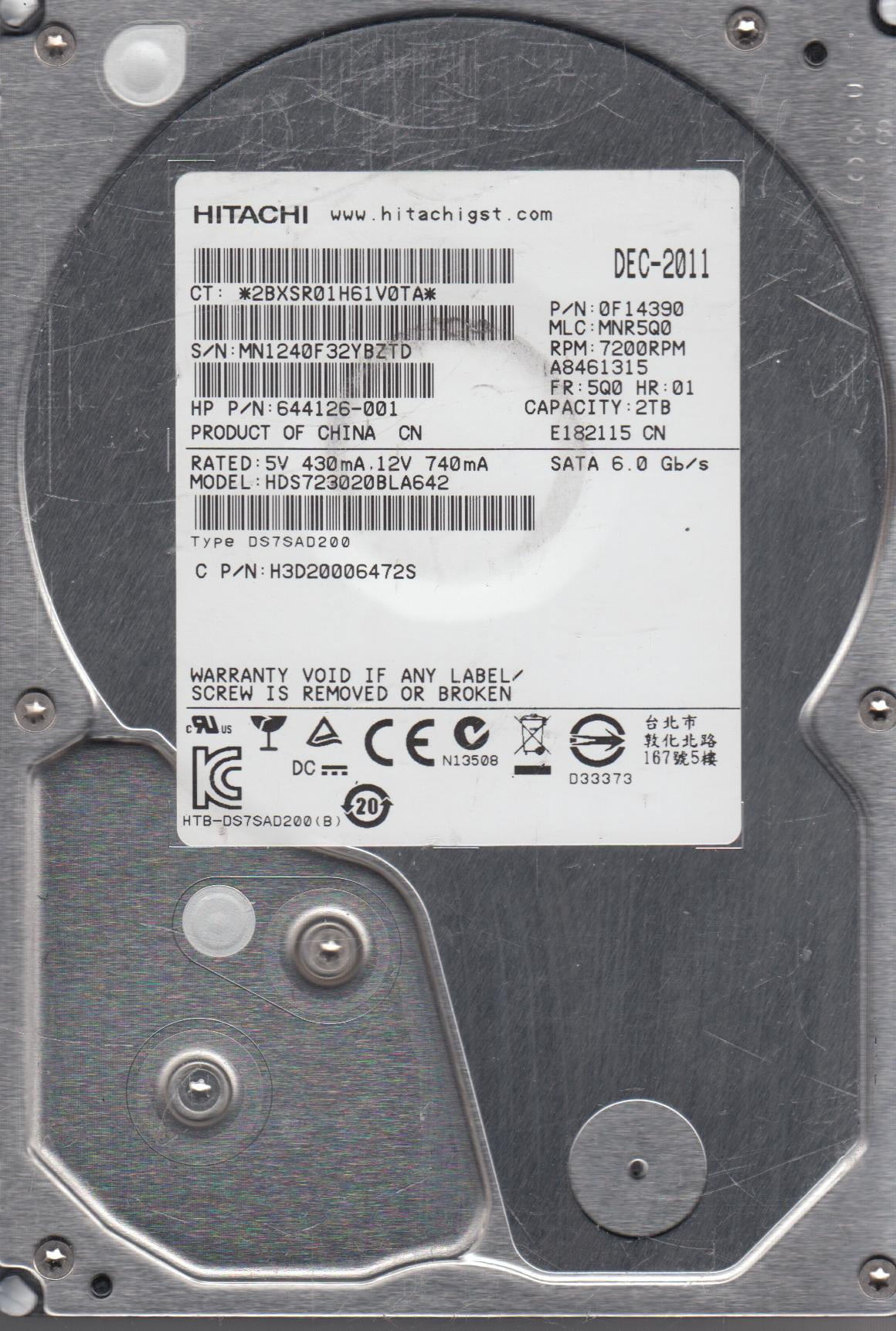 Hitachi HDS723020BLA642 (SATA/7200rpm/2TB) 2011年製 4374時間使用