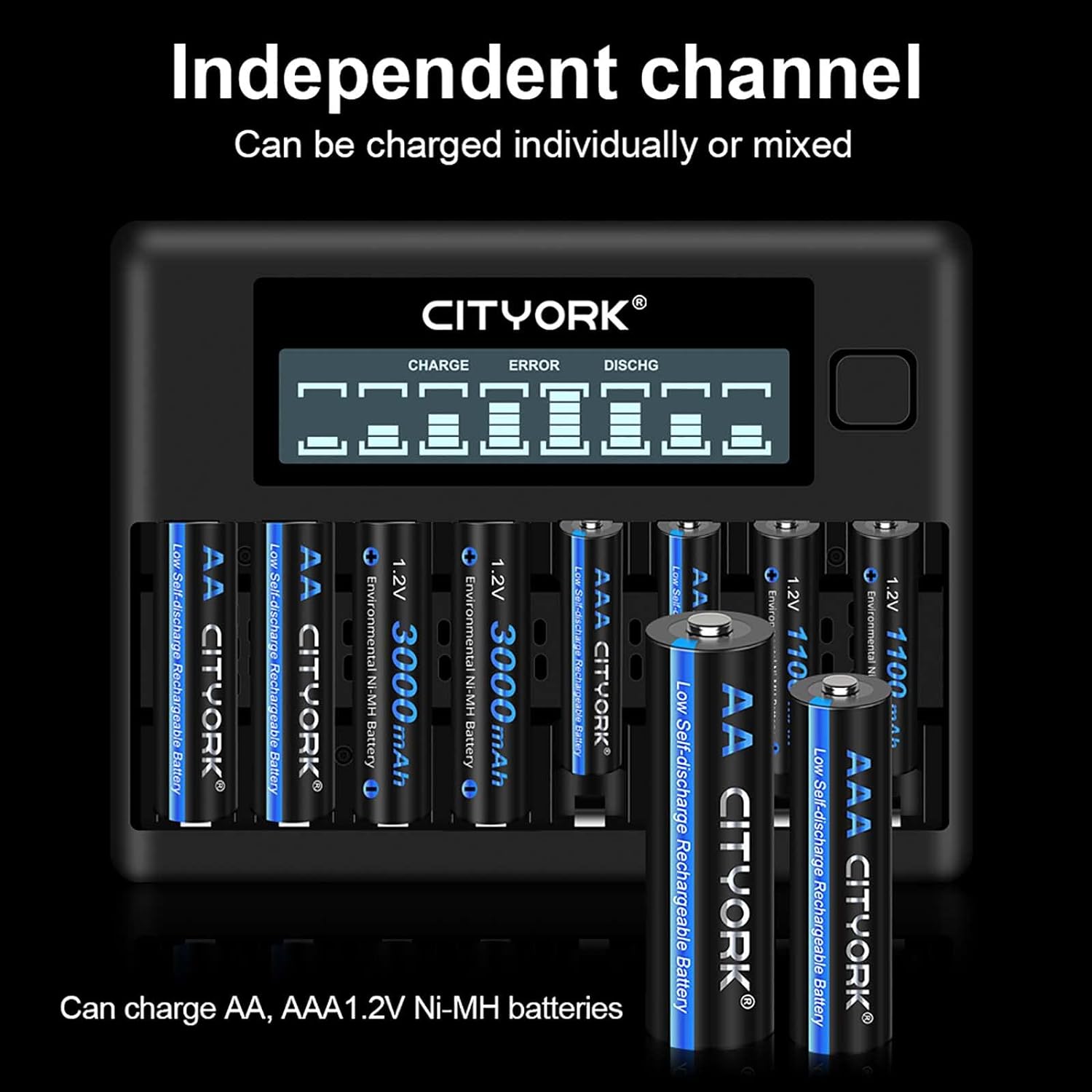 8 Bay AA AAA Smart LCD Independent Slot Battery Charger for High Capacity Low Self Discharge 1.2v Ni-MH Batteries