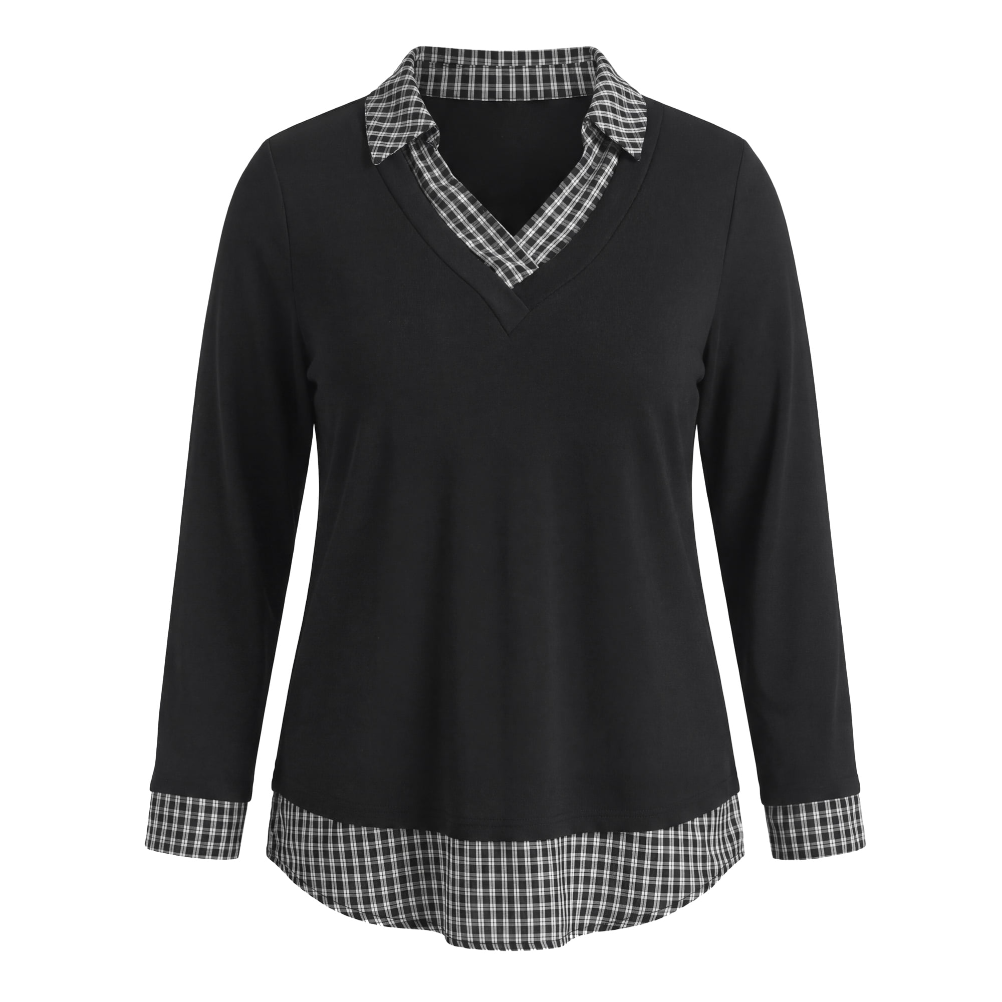 DARING DIVA Women's Plus Collared Plaid Contrast Patchwork Long 2X Black