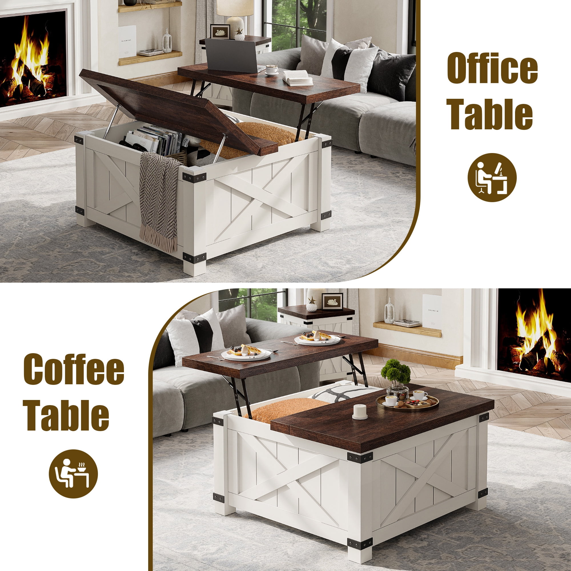 Romorgniz 35.7" W Square Lift Top Coffee Table Farmhouse Coffee Table with Large Hidden Storage Wooden Center Table for Living Room, White