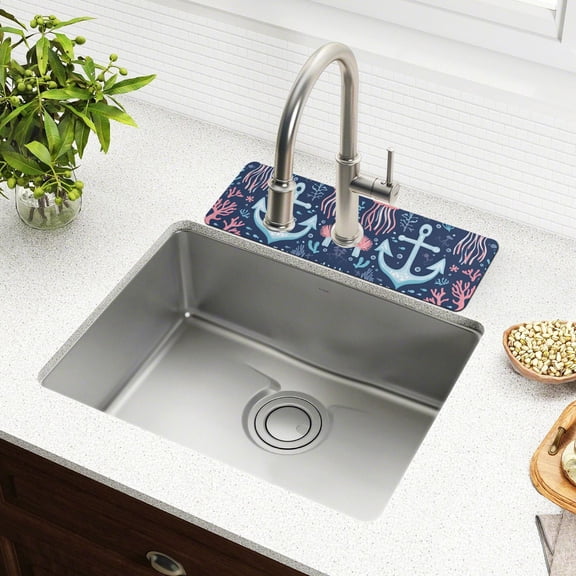 Yayeee Faucet Mat for Kitchen Sink 14.7" Diatomite Long Splash Guard Pad, Light Blue Anchor