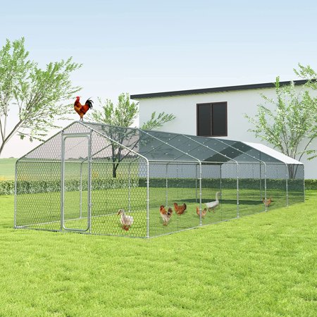 ALAULM Chicken Coops Large Metal Chicken Coops, Outdoor Walk-in Poultry Cage Chicken Run House Chicken Pen with Waterproof and UV Protection Cover for Outdoor