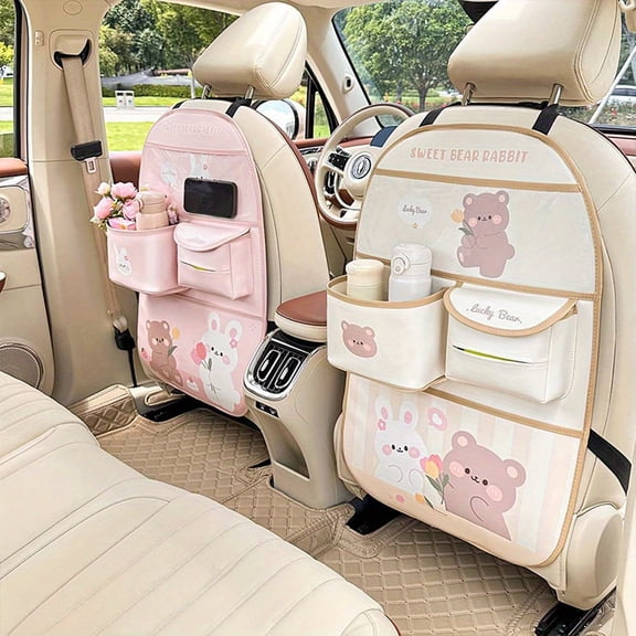 Cartoon Car Rear Seat Storage Hanging Bag with Tray, 4 Storage Pockets, Car Seat Back Table Stand, Anti-Kick Mat, Travel Accessories