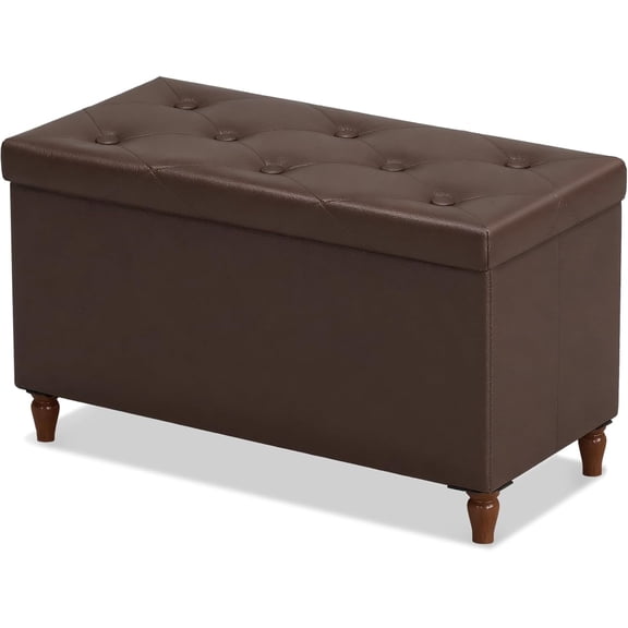 30 Inches Storage Ottoman Bench with Wooden Legs, Faux Leather Folding Ottoman Foot Rest, Storage Bench for Living Room, Hallway & Bedroom, Brown