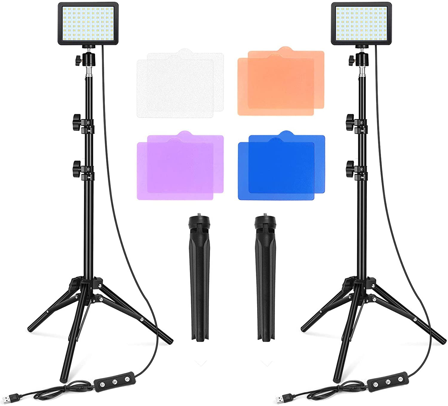 10 Brightness/4 Color Filters Dimmable YouTube LED Video Light Photography Lighting Kit Studio Panel Key Lights for Video Recording Stream USB Fill Light for Camera Photo Adjustable Tripod Stand 