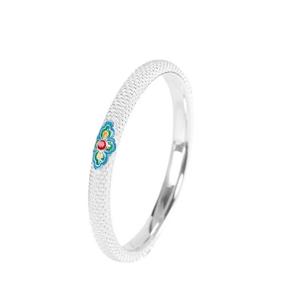 Classic Luxury Auspicious S999 Sterling Silver Bangle Bracelet for Women - High-Quality Material, Enameling Traditional Handicraft, Perfect Accessory For Date, Birthday
