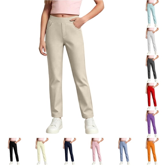WERYOUNG School Uniform For Girls Elastic Waist Solid Color Straight Leg Trousers Kids Comfortable Back To School Pants 5-6 Years