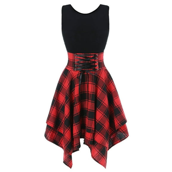 IROINNID Women's Sleeveless Prints A-Line Dress Cold Shoulder Cross Up Plaid Irregular Dress Round Neckline Below The Knee Dress