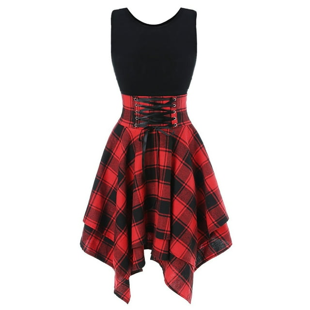 Fridja Women Sleeveless Cold Shoulder Cross Up Plaid Print Irregular Dress