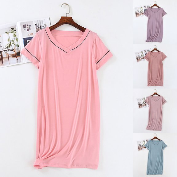 Fartey Women's Short Sleeve Nightgown Soft Lightweight V Neck Nightdress Loose Comfy Pajamas Dress Casual Knee Length House Dress Gray M