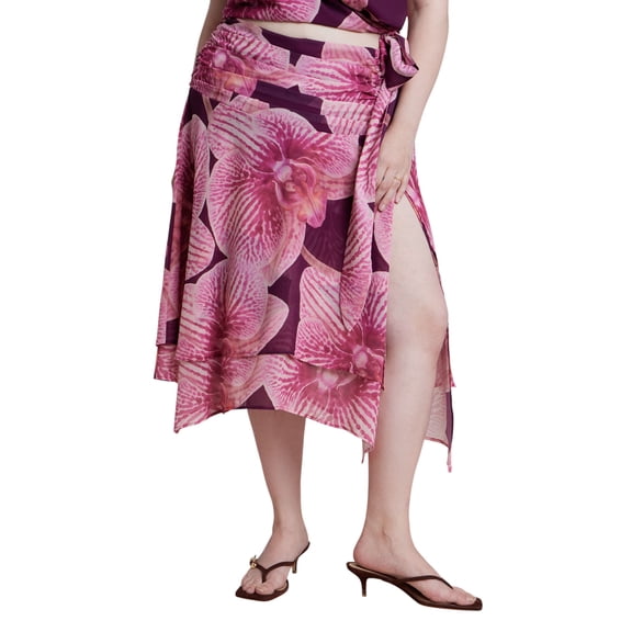 ELOQUII Women's Plus Size Asymmetric Shirred Midi Skirt