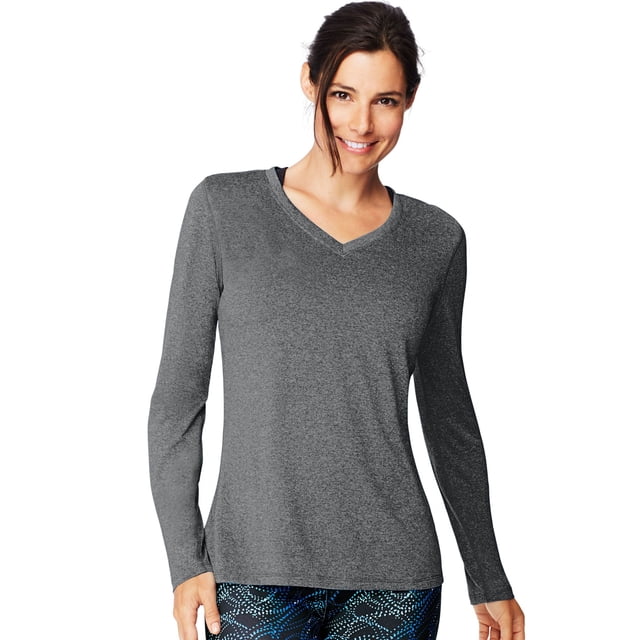 Hanes Womens Sport Cool DRI Performance Long-Sleeve V-Neck T-Shirt, M