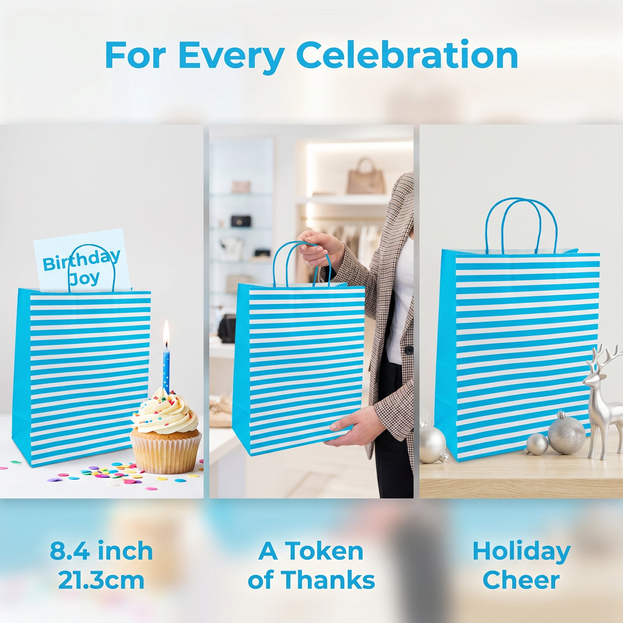 Unique Bargains Horizontal-stripe Gift Bag for All Occasions and Celebrations Blue 10.2" x 5" x 12.6"