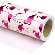 WRAPAHOLIC Wrapping Paper PresNok Roll - Mini Roll - 17 Inch X 33 Feet - Pink with Fuschia Foil Flamingo for Wedding, Birthday, Holiday, Baby Shower