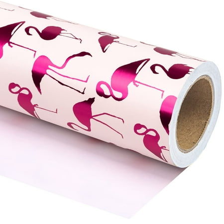 WRAPAHOLIC Wrapping Paper PresNok Roll - Mini Roll - 17 Inch X 33 Feet - Pink with Fuschia Foil Flamingo for Wedding, Birthday, Holiday, Baby Shower