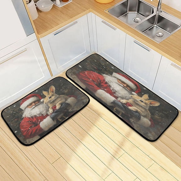 Kitchen Rugs and Mats【2 PCS】Non Skid Santa Claus Hold Rabbit Creative Kitchen Mat