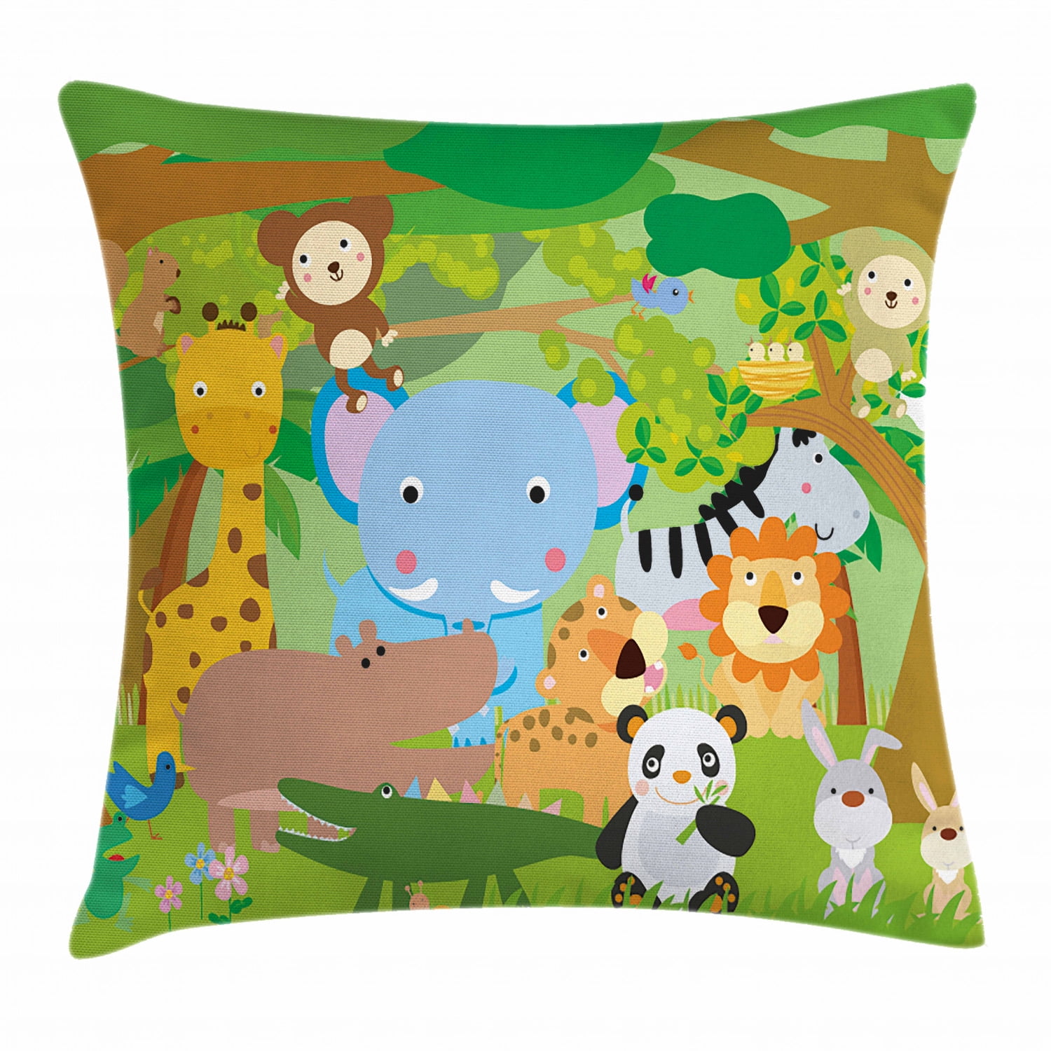 Nursery Throw Pillow Cushion Cover, Funny Playful Jungle Animals
