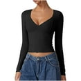 thumbnail image 2 of Aueoeo Women Shirts Basic Tight Athletic Wokout T-Shirt Trendy V Neck Going Out Tops Long Sleeve Lightweight Tops Black L, 2 of 8
