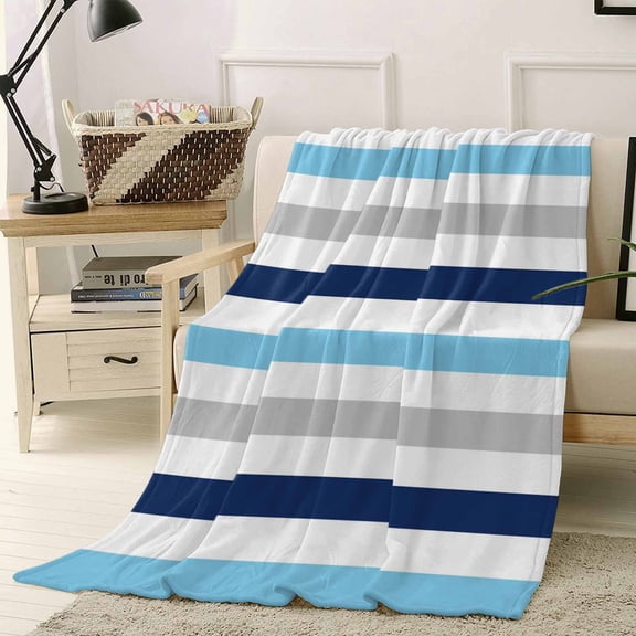 Fleece Blanket Navy Blue Gradient Stripes Blankets, Soft Cozy Warm Flannel Throw Blanket, Geometric Gray Line Blanket for Bed Couch Sofa,40x50In
