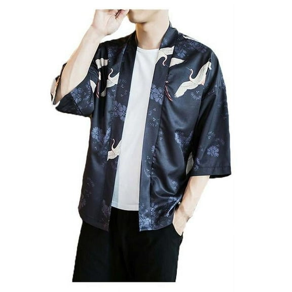 Panda Superstore PL-CLO1045830-KELLY01348-RP Crane Pattern Chinese Half Sleeve Kungfu Cloth Cotton & Linen Outerware Mens Shirt, C