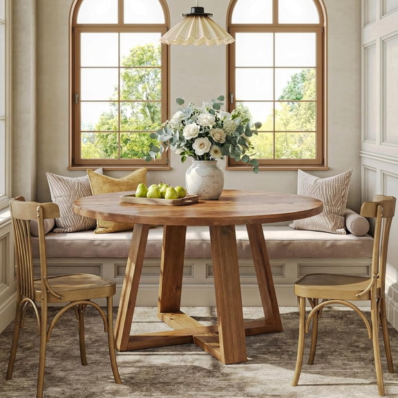 Finmind 47.2" Round Solid Wood Dining Table for 4, Farmhouse Kitchen Table with Sturdy Trestle Base, Warm Oak