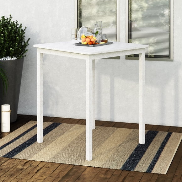 CorLiving Miramar Solid Wood Outdoor Bar Height Bar Table with Slatted Top and Umbrella Hole, White