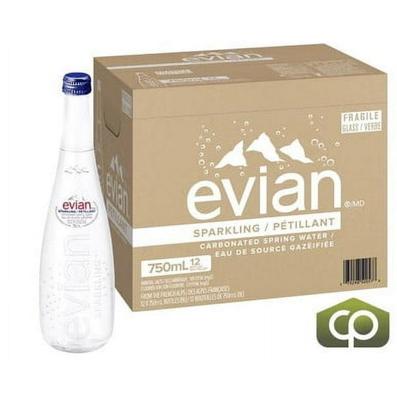 Evian Sparkling Mineral Water, 750ml/25.3oz Glass Bottles (12 Pack)