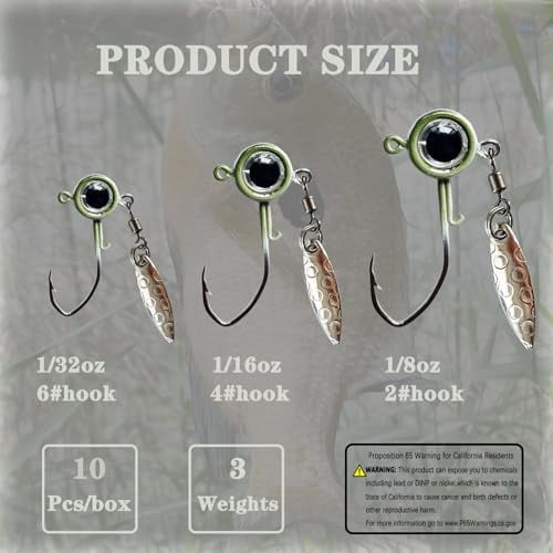WLIKKSCrappie Jigs Underspin Jig Heads 3D Eyes Crappie Jig Heads 1/32oz 1/16oz 1/8oz Fishing Jig Heads for Crappie Bluegill 10 Packs