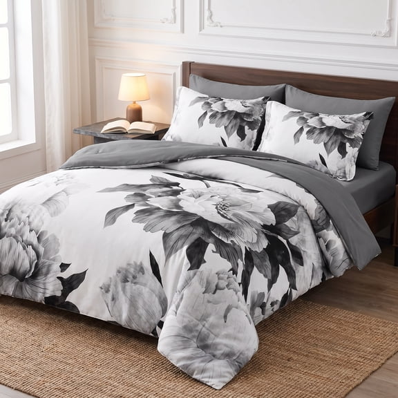7pc Bed in a Bag, Grey Floral Queen Bedding