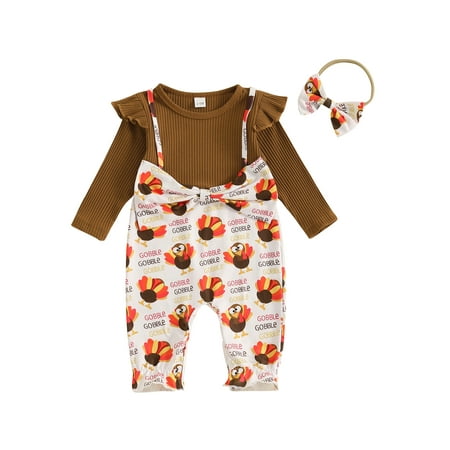 

Licupiee Baby Girl Thanksgiving Outfit Turkey Fake Two-Piece Romper Headband