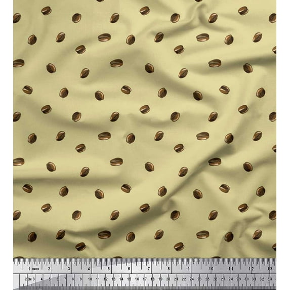 Soimoi Beige Cotton Cambric Fabric Coffee Beans Food Printed Craft Fabric by the Yard 42 Inch Wide