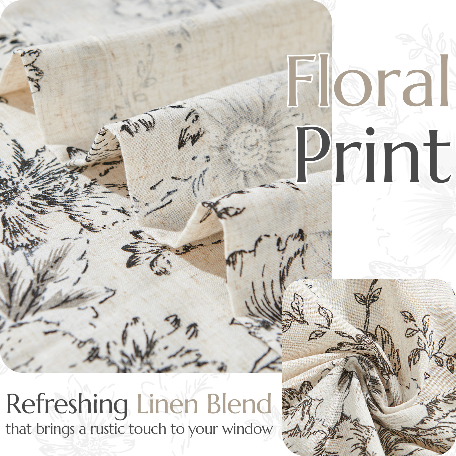 Curtainking Linen Kitchen Curtains Floral Cafe Curtains 26x45 inch Farmhouse Cafe Curtains for Living Room 2 Panels Black