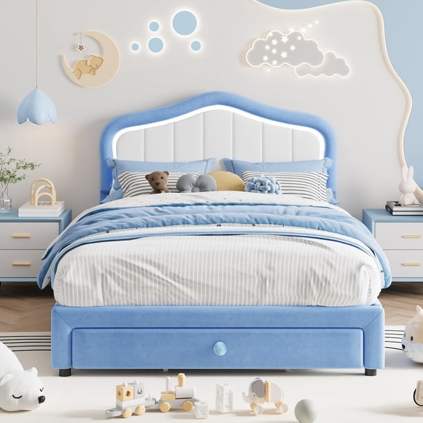 Tamaño completo forrado tamaño individual-size platform marco de cama con almacenamiento cajón y smart LED cabecero niños de madera slats support no necesita colchón base fácil montaje