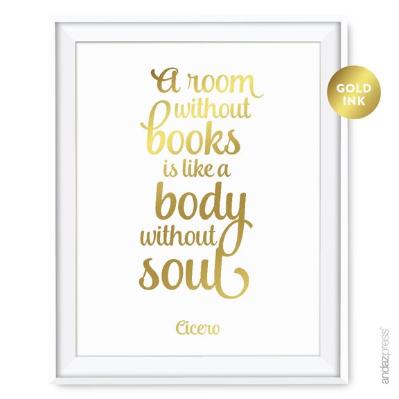 Gold Library Wall Art, A room without books is like a body without a soul, Cicero, 8.5x11-inch, UNFRAMED