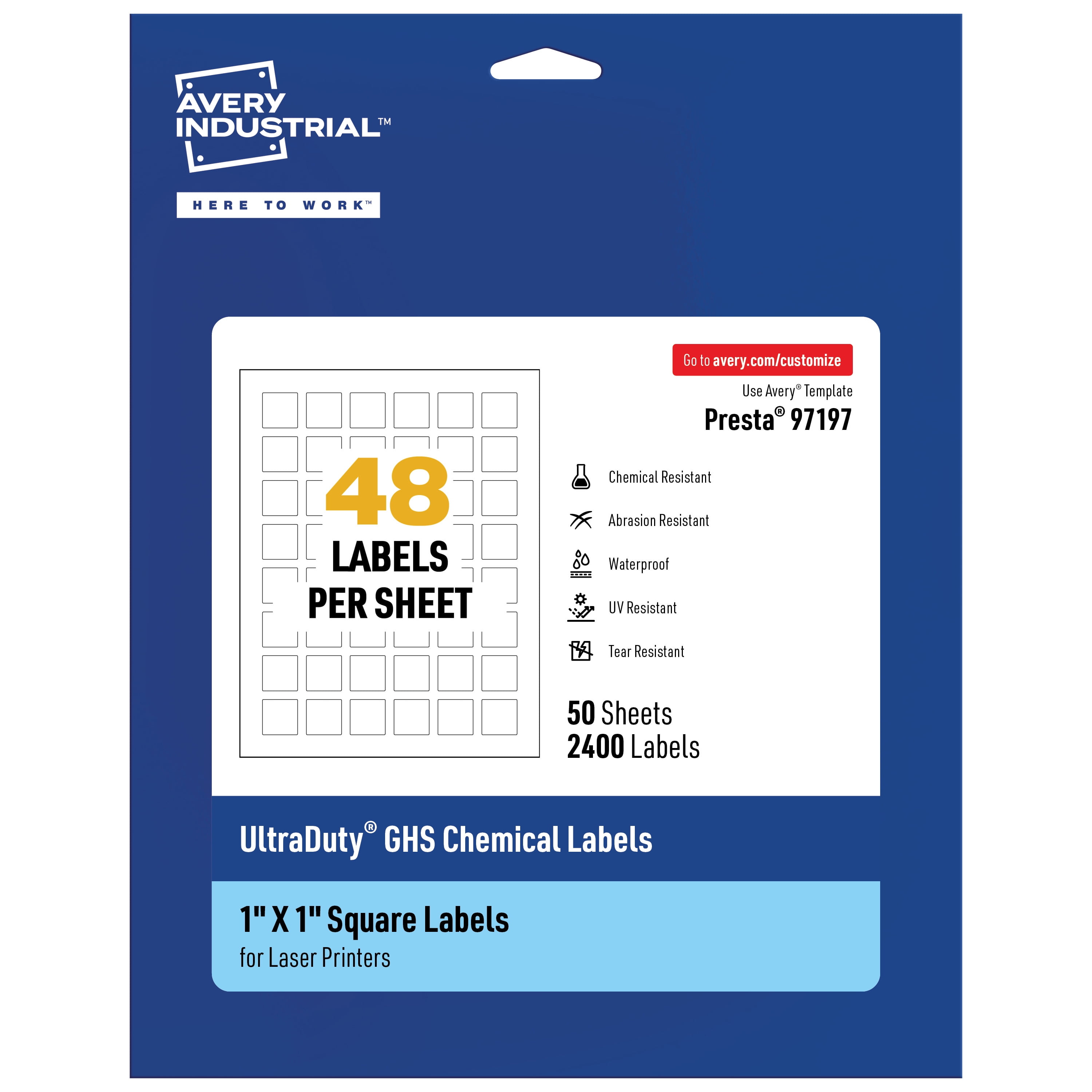 Avery UltraDuty GHS Labels, Waterproof, 1 X 1 Inch Square Labels, Pack of 2400 White Labels for Use with Laser Printers