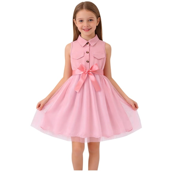 Girls Pink Tulle Dress for Easter Flower Girl Party, Sleeveless Collared Tutu Dress Kids to Big Girl Machine Washable,Size 10-11 T