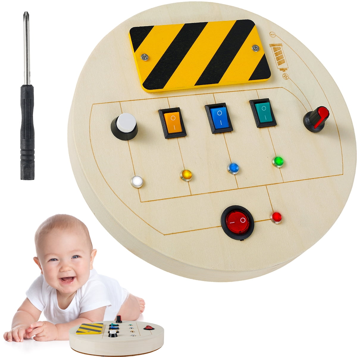 LED Light Busy Board Wooden Button Switch Sensory Activity Board Toy