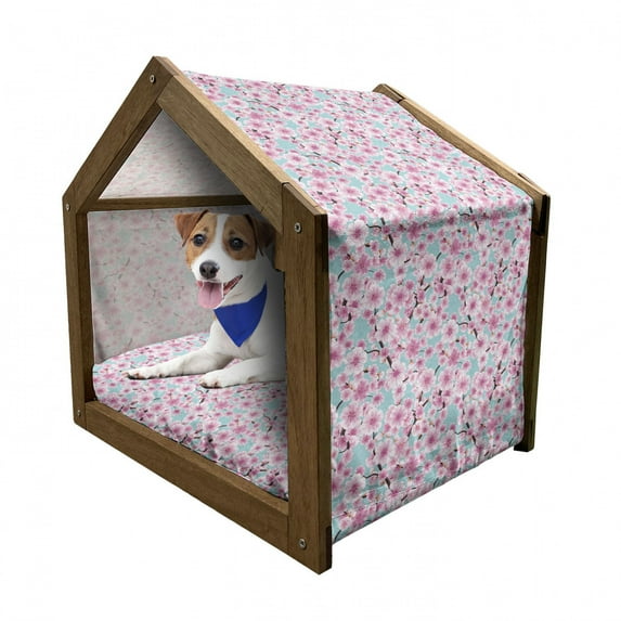 Cherry Blossom Pet House, Bloomed Kwanzan Tree Flowers and Buds on Clear Sky Background, Outdoor & Indoor Portable Dog Kennel with Pillow and Cover, 5 Sizes, Pink Rose and Pale Blue, by Ambesonne