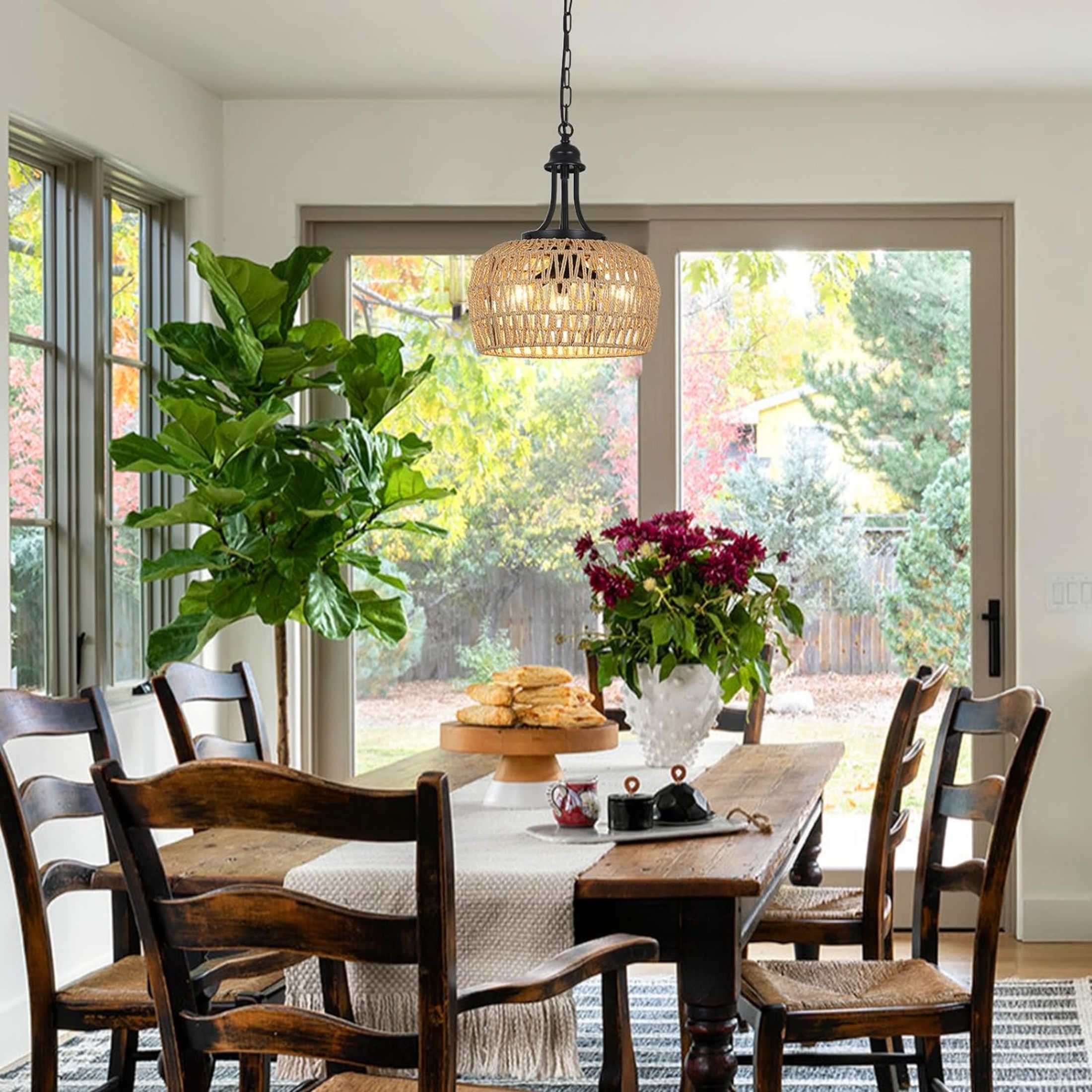 Noble House 12.6" Modern 3-Light Rattan Chandelier, Boho Farmhouse Pendant, E12 Dimmable, Adjustable Height, Black