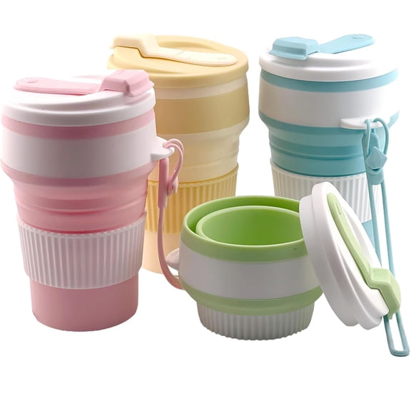 4-Pack Collapsible Cup Reusable – 12oz Leakproof Travel Coffee Mug, Silicone, Foldable & Portable for Hiking, Camping, Office | Lightweight, Heat-Resistant, Easy to Clean, Outdoor & Travel Cup