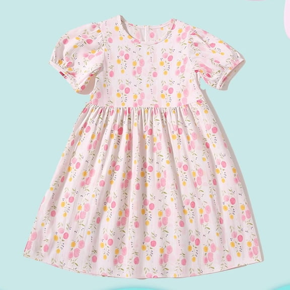 Amidoa Girls Summer Dresses A-Line Puff Sleeve Short Sleeve Dresses Casual Kids Cotton Print Sundress Pink Size 8