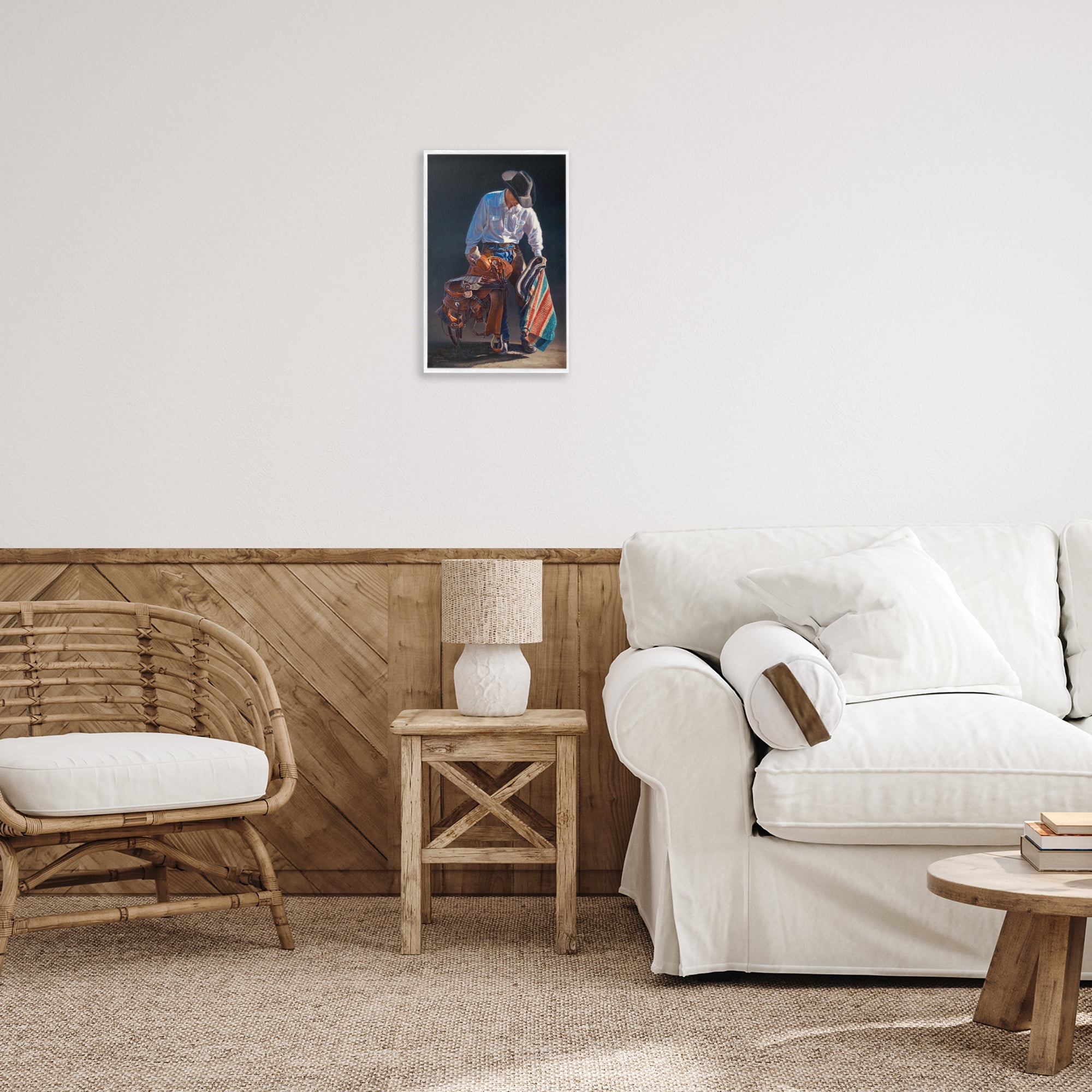 Stupell Industries Stoic Cowboy & Saddle Novelty Painting White Framed Art Print Wall Art, 12 x 18