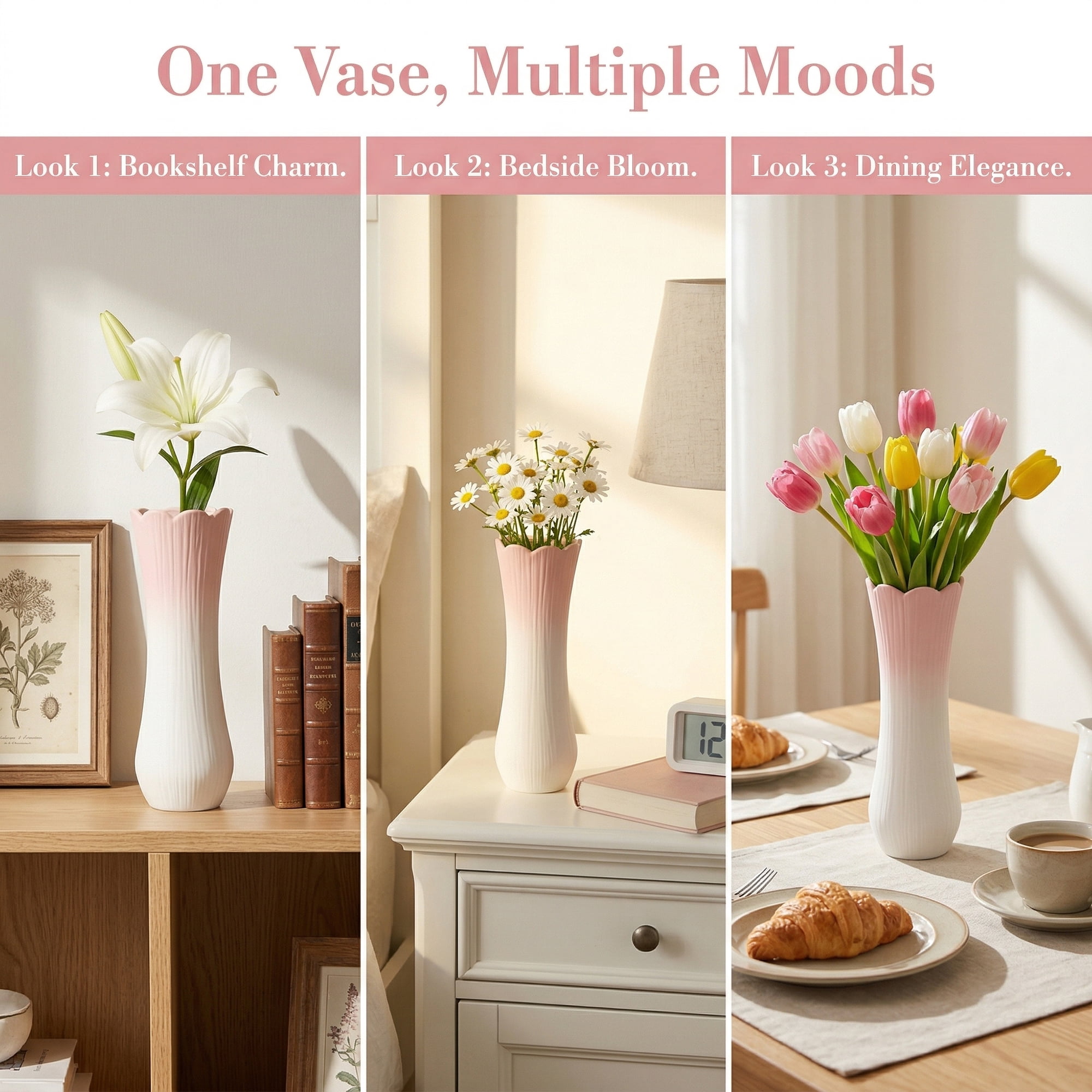 Unique Bargains Modern Tall Ceramic Vase for Decorative Pink 2.2"L x 2.2"W x 9.4"H