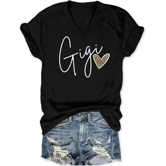 t-shirt Gigi Shirt for Women Grandma V Neck T Shirts Cute Heart Leopard Print Graphic Tees Summer Short Sleeve Tops Mimi Gifts mens t shirt，black，women，funny，misfits，men，journey
