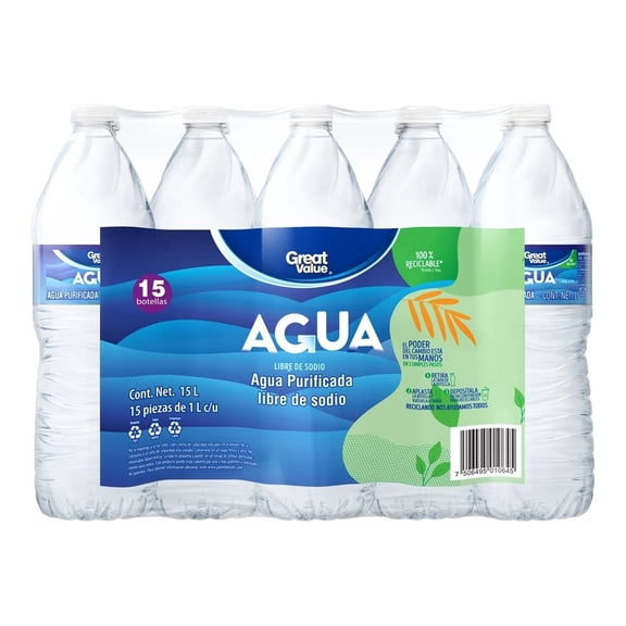 Pack de Agua purificada Great Value con 15 botellas de 1 lt c/u