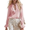thumbnail image 5 of Women's Retro Ruffle Edge V-Neck Long Sleeve Pullover Top Lightweight Solid Color Casual Loose Blouse Fashion Daily Vacation Streetwear Shirt, Pink Size S, 5 of 6