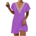 thumbnail image 1 of KIHOUT Robes d'Été pour Femmes, Mode Dames Été Uni Décontracté Col en V Manches Courtes Vacances Robe en Dentelle Violet P, 1 of 7