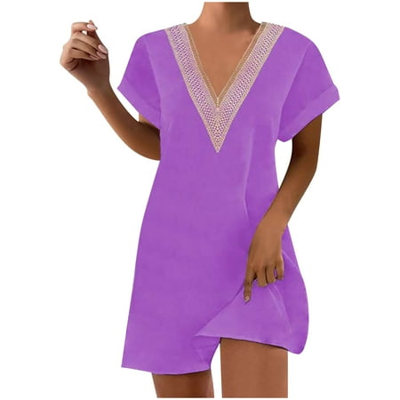 

YanHoo Women s Summer Dresses Elegant Lace Patchwork V Neck Short Sleeve Mini Dress Ladies Casual Loose Solid Straight Dress