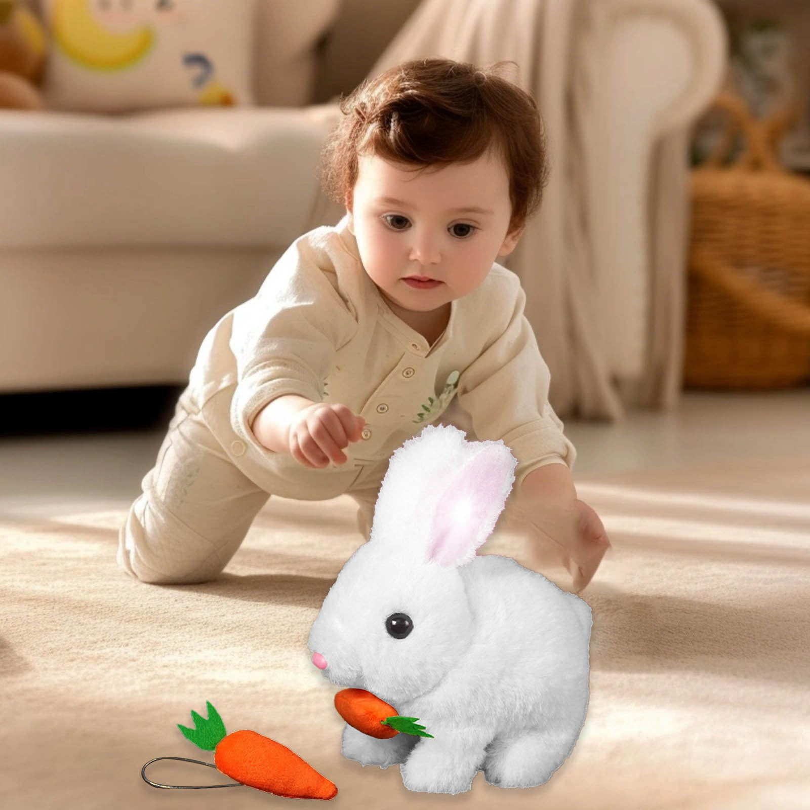 Realistic Rabbit Plush Toy Handmade Easter Bunny with Jumping Twitching Moving Ears, Lifelike Animal Stuffed Rabbit for Easter Basket Stuffers Spring Decor Home Decorations